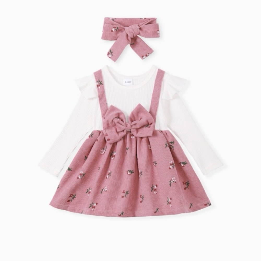 2pcs Baby Girl Floral Print Combo Pink Dress with Headband Set ColorBlock